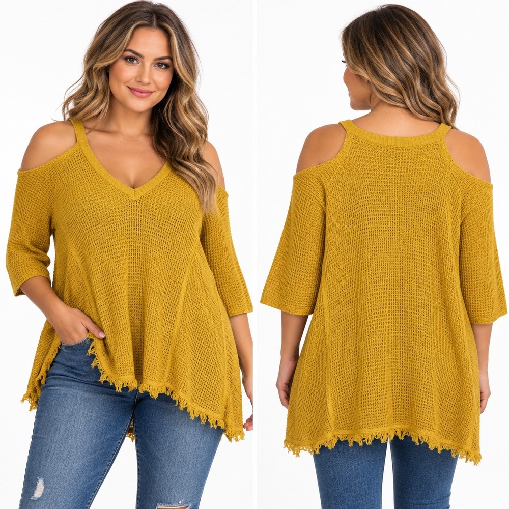 Blu Pepper Mustard Yellow Cold Shoulder Knit Sweater Fringe Hem Large